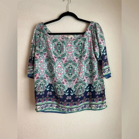 Artisan Ny abstract geometric pink green and blue pattern blouse size M - Picture 4 of 6